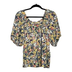 Hope & Harlow Womens XL Floral Puff Sleeve Blouse Yellow Blue Square Neck Top